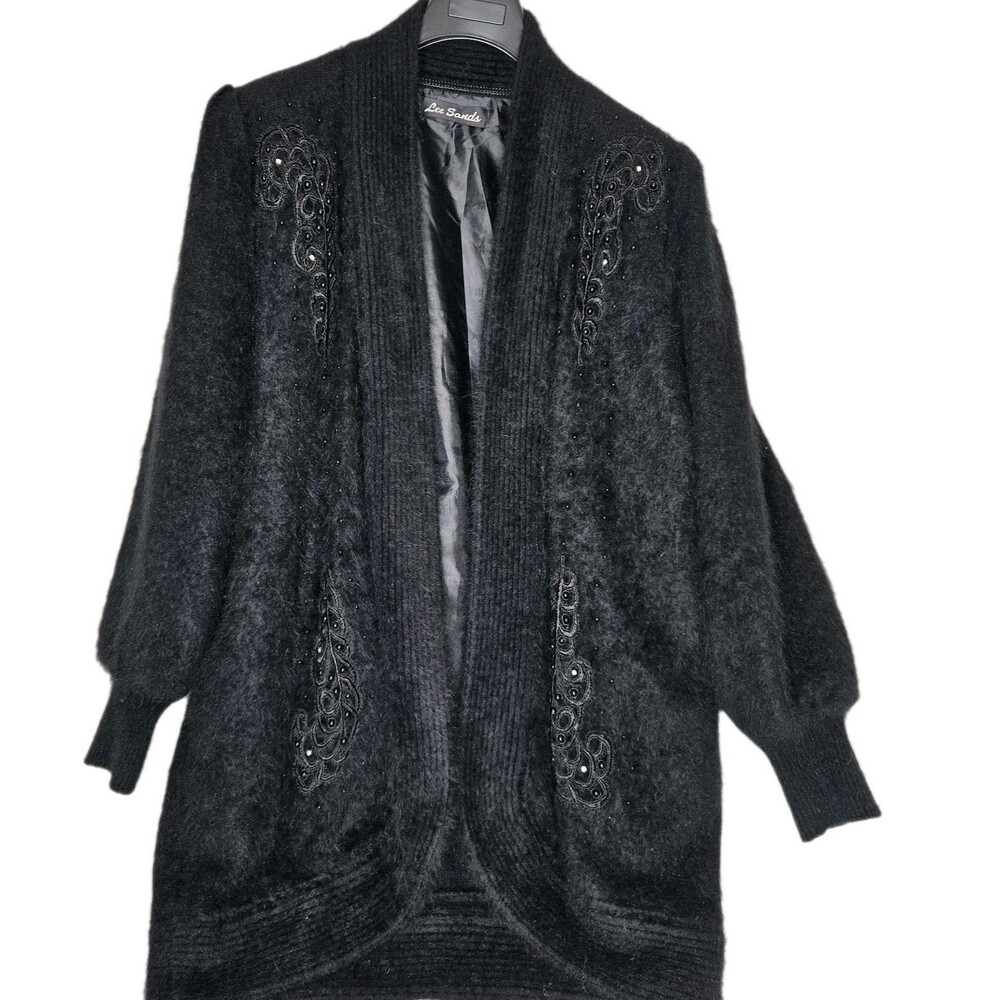 Lee Sands Womens Korean Angora Cardigan Sweater, Size Large, Black
